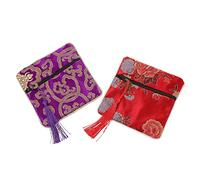 LIOOBO 2pcs Embroidered Zipper Storage Bags Stylish Pipa Nail Bag Coin Pouch Multipurpose Organizer for Jewelry and Accessories, Red and Purple Random Pattern