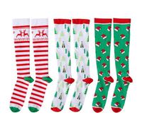 LIOOBO 3 Pairs Long Christmas Socks - Gifts for Women Men Knee High Compression Stockings with Reindeer and Christmas Tree Pattern for Marathon Running Cycling Hiking and Holiday Parties