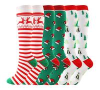 LIOOBO 3 Pairs Long Christmas Socks Nylon Reindeer Christmas Tree Pattern Knee High Socks Sweat Absorbing Stockings for Marathon Running Athletic