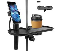 LIOOBO Universal Mic Stand Tray with Clamp-on Drink Holder, Black Microphone Stand Shelf Holder for Live Broadcast and Desk Organiser Accessories