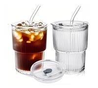 Lioong 2pcs Glass Coffee Cups with Lids and Straws,13Oz Ice Coffee Cup With Lids Matcha Glass Tumbler With Straws,Glasses Go to Cups Traveling Mugs For Cold Drinks Smoothie Juice Drinking (400ml)