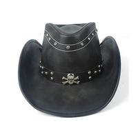 LIOONS 100% Leather Women Men Black Western Cowboy Hat With Roll Up Brim Punk Belt Jazz Sombrero Cap Dad Hat