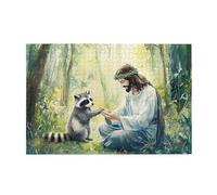 Liorosa 1000 Pcs Jigsaw Puzzle - Serene Jesus,Crown Of Thorns Gently Touching Raccoon In Sunlit Forests Clearing,Watercolor Art,Pieces Fit Together Perfectly,Exercise Hands-On Skills And Thinking