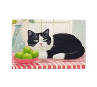Liorosa 1000 piece puzzle for adults black-and-white cat lounging on tablecloth with fresh apples, premium wooden home decor wooden jigsaw puzzle,vibrant and unique,stress relieving pleasure