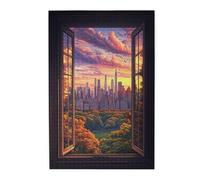 Liorosa 1000 Pieces Of Adult Wooden Puzzle Framed Metropolis,High-Rise Silhouettes Behind Trees Through Distressed Window,Stunning Artwork,Great For Relaxation And Display For Puzzle Lovers