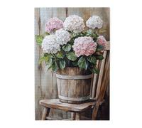 Liorosa 1000 Pieces Of Adult Wooden Puzzle Rustic Hydrangea,Wooden Bucket Overflowing With Light Red & White Blooms,Retro Premium Wood Floral Art,Vintage Classic Aesthetics