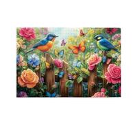 Liorosa 1000 pieces of adult wooden puzzle woodland sonata - bluebirds perched on rustic fence amidst blossoming roses,pieces fit together perfectly,deep relaxation for yourself