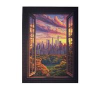 Liorosa 500 Pieces Of Adult Wooden Puzzle Framed Metropolis,High-Rise Silhouettes Behind Trees Through Distressed Window,Stunning Artwork,Great For Relaxation And Display For Puzzle Lovers