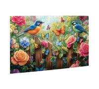 Liorosa 500 Pieces Of Adult Wooden Puzzle Woodland Sonata - Bluebirds Perched On Rustic Fence Amidst Blossoming Roses,Pieces Fit Together Perfectly,Deep Relaxation For Yourself