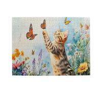 Liorosa cats play with butterflies jigsaw puzzles for adults 500 pieces,watercolor garden,vibrant and unique design wooden puzzle,suitable for family recreation and home wall decor