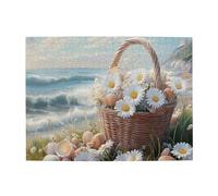Liorosa Coastal Chrysanthemum Basket 500 Piece Puzzle For Adults,Woven Brown Hamper Overflowing With White Blooms & Seashells By Azure Waves,Stress Relieving Pleasure,Gift For Friends And Family