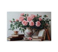 Liorosa Cozy Reading Study 1000 Piece Jigsaw Puzzle For Adults, Light Red Roses In Vase With Matching Teacup, Challenging Puzzles Gift,Vintage Classic Aesthetics,Gifts For Friends And Family
