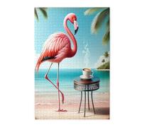 Liorosa Flamingos Coffee Hour 1000 Pieces Of Adult Wooden Puzzle, Beautiful Summer Beach Scenery,Soft Color Aesthetics,Pieces Fit Together Perfectly,Enjoy The Puzzle Solving Process