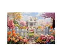Liorosa Garden Gate To Happiness Jigsaw Puzzles For Adults 1000 Pieces,Cheerful Colors Blooms Leading To Classic White Villa,Pleasure Both Body And Mind,Unique And Beautiful Design