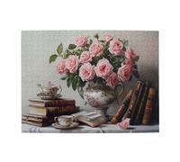 Liorosa Jigsaw Puzzles For Adults 500 Pieces Romantic Floral Arrangement, Delicate Teapot On Stacked Books,Exploratory Hobbies And Challenges,Hands-On Assembly Of Your Home Décor Wall Art