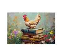 Liorosa Proud Red Rooster Standing On Stacked Old Book Puzzles For Adults 1000 Pieces, Surrounded By Colorful Blooms,Vibrant And Unique Design,Fun Activities For The Holidays With The Family