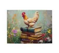Liorosa Proud Red Rooster Standing On Stacked Old Book Puzzles For Adults 500 Pieces, Surrounded By Colorful Blooms,Vibrant And Unique Design,Fun Activities For The Holidays With The Family