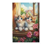 Liorosa Sunny Window And Cat 1000 Piece Puzzle For Adults,Trio Of Curious Kittens Gazing Up From Flower-Framed Sill, Cozy Home Scene,Complete With Family And Friends,Forget The Troubles Of Life