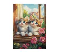 Liorosa Sunny Window And Cat 500 Piece Puzzle For Adults,Trio Of Curious Kittens Gazing Up From Flower-Framed Sill, Cozy Home Scene,Complete With Family And Friends,Forget The Troubles Of Life