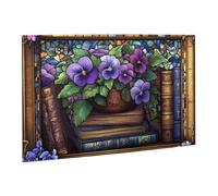 Liorosa Vintage Stained Glass Puzzles For Adults 500 Pieces, Ancient Books On Shelves With Violet Flowers,Retro Classic Aesthetics,Great For Relaxation And Display For Puzzle Enthusiast