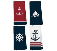 Liosei Nautical Hand Kitchen Towels, Boat Accessories,Nautical Bathroom Decor, Navy Blue Coastal Sailboat Dishtowels, Anchor Dish Towels Decoration 16 x 24 Inch Set of 4
