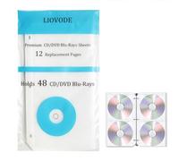 LIOVODE CD Binder Pages, Refill Sheets for 3 Ring Binders, Hold 48 DVDs, CD Case Sleeves Holder Organizer Storage for Blu Ray Inserts, 1 Pack (12 Pages)