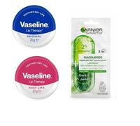 Lip Balm Duo - Vaseline Rosy Lips & Original + Niacinamide Face Sheet Mask | Hydrating Lip Care Gift Set | Mini Self Care Skincare Bundle for Dry Lips & Glowing Skin - Curated & Packed by Omoge Hair