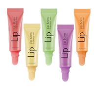 Lip Balm Set of 5, Moisturising Lip Balm for a Sheer Tint of Colour, Infused with Hyaluronic Acid, Vegan & Cruelty-Free, Vanilla Frosting, Strawberry, Peach, Grape & Honeydew