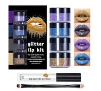 Lip Glitter Kit | Glitter Lips Makeup with Primer and Brush,Long-Lasting Makeup Easy Application Cosmetics for Holiday Event Party Travel Wedding Women Mom Wife Girlfriend