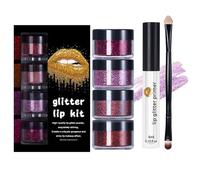 Lip Glitter - Long Wear Shiny Glitter Lip Powder with Primer and Brush - Shiny Cosmetics Set for Wife Mom Women Wedding Halloween Party Christmas Travel Family Gathering Holiday Event Makeup