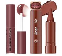 Lip Liner And Gloss Set,Dark Brown Plumping Lip Liner Stain& Moisturizing Butter Lip Gloss,Matte LipLiner & High Shine Glossy Lip Stain Lip Kit,Long Lasting Waterproof Lightweight Lipstick Care Set