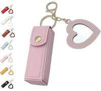 Lip Oil Keychain, Mirror and Oil Two-in-One, Travel Lip Balm Storage Box, Portable PU Leather Lip Balm Storage Keychain, Suitable for Travel, Car and Wallet, with Heart Pendant