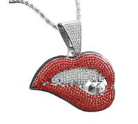 Lip Pendant Necklace, Red and Silver Crystal Embellished Urban Style Expressive Charm with Chain, Unisex Hip Hop Accessory (4)