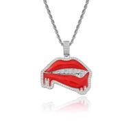 Lip Pendant Necklace, Red and Silver Crystal Embellished Urban Style Expressive Charm with Chain, Unisex Hip Hop Accessory (1)