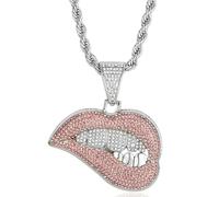 Lip Pendant Necklace, Red and Silver Crystal Embellished Urban Style Expressive Charm with Chain, Unisex Hip Hop Accessory (2)