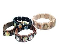 Lipfer 4 Pcs Wooden Rosary Jesus Bracelet Elastic Stretch Bangle with Pictures of Religious Saints Catholic Holy Gods Goddess Prayer Manifestation Bracelet
