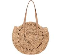 Lipfer Round Straw Beach Bag Handmade Woven Shoulder Bag Circle Rattan Bags Summer Vacation Casual Bags