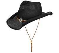 Lipodo Vescadosa Western Hat Paper Straw Cowboy Style Adjustable Chin Strap Unisex Summer Black L (58-59 cm)