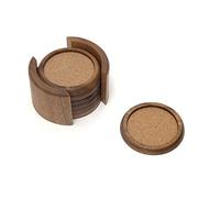 Lipper International 1036 Acacia Round with Cork Coasters and Caddy, 7-Piece Set