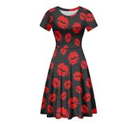 Lips Black Women's Elegant Vintage Casual Floral Print Work Party A-line Swing Dress Short Dresses for Party Casual A Line Midi Dress