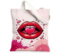Lips Canvas Tote Bag for Women, Romantic Playful Heart Bubbles Valentine Peach Washable Reusable Grocery Bag for Shopping Brunch Park Library Day Trips 13x15 Inch