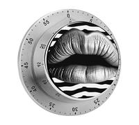 Lips Printed in Black and White Stripes Mechanical Kitchen Timer for Cooking 60 Min with Magnetic Backing Loud Alarm,Stainless Steel Wind Up Countdown Timer Cute Egg Timers for Cooking Studying Gamin