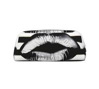 Lips Printed In Black And White Stripes Print Leather Pencil Case with Silver Zipper, Multi-Use Cosmetic & Stationery Organizer, Waterproof Desk Storage Pouch for School, Office & Travel Gifts