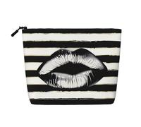 Lips Printed in Black and White Stripes Print Makeup Bag, Travel Cosmetic Bag for Women Large Capacity Organiser Bag Wash Bags for Travel Daily Use