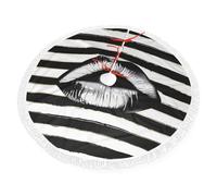 Lips Printed In Black And White Stripes Printed Christmas Tree Skirt 48 inch with Tassel Tree Base Cover for Xmas Tree Christmas Decorations