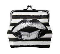Lips Printed In Black And White Stripes Printed Coin Purse Pouch-Mini Coin Wallet,Change Purse,Leather Coin Pouch Holder For Woman Girls, Black, One Size, Modern,european Style, Retro