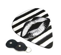 Lips Printed In Black And White Stripes Printed Guitar Picks, 6 Pack with Leather Keychain Pick Holder - 0.46mm, 0.71mm, 0.96mm Assorted Thickness for Acoustic Ukulele, Electric Guitar