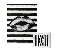Lips Printed In Black And White Stripes Printed Jigsaw Puzzle with Storage Box, Wooden Puzzle for Adults and Kids, 500 Pieces Family Fun Decorative Game, 38x52 CM