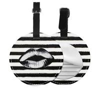 Lips Printed in Black and White Stripes Printed Luggage Tags for Suitcases PU Leather Travel Tags Bag Tags Privacy Protection Travel Essentials Black
