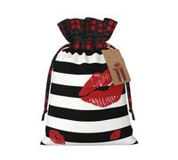 Lips Printed In Black And White Stripes Printing Color Matching Plaid Christmas Bag With Drawstring For Christmas Birthdays Party,4.7x6.9 Inch